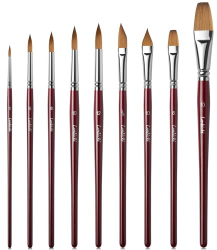 lenbicki Lot de 9 pinceaux aquarelle en poils de martre professionnels pour artistes - Pointe ronde et pointue - Brosse plate en forme de dague pour encre acrylique, gouache, tempera