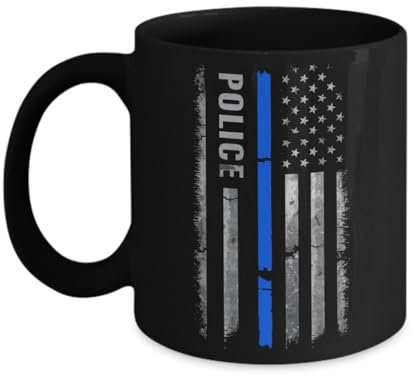 Police Kaffeetasse mit dünner blauer Linienflagge, schwarze Kaffeetasse für Polizei im amerikanischen Flaggen-Design blau gestreift