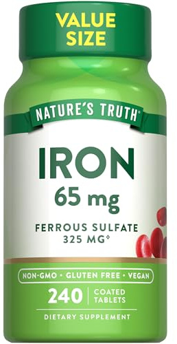 Nature's Truth Iron Tablets 65mg | 240 Count | 325mg Ferrous Sulfate | Vegan, Non-GMO & Gluten Free Supplement