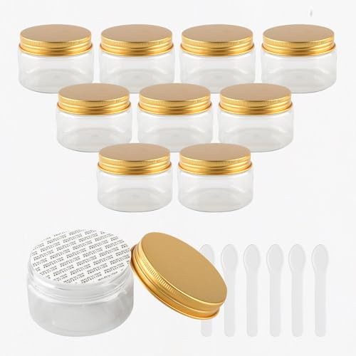 PQPAUTY 12 Pièces Vides Petit 150 ml Transparent Cosmétique Pot en Plastique avec Couvercle Or 150 g Pots de Cosmétique Crème de Bouteille Contenant avec 6x Spatules