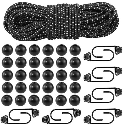 Gummiseil, 15 Meter Hochelastisches 12 Metallhaken 30 Kugeln Gummiseil Gummiband-Spannseil MitGeeignet für Plane Zelt Camping Trampolin Fahrradkorb LKW-Plane