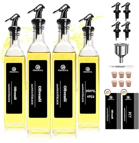 SAEIV Lot de 4 Bouteille Huile Olive Bec Verseur, 500 ml Distributeur Huile d'olive, Avec 20 étiquettes Surdimensionnées Pré-imprimées Allemandes et 10 étiquettes DIY, Bouteille Huile Olive - Huilier
