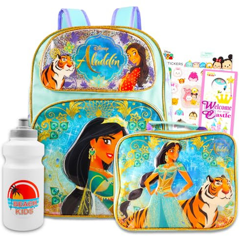Disney Mochila Aladdin con lonchera – Paquete con mochila de princesa Jasmine de 16 pulgadas, bolsa de almuerzo de jazmín, botella de agua, calcomanías, más mochila Aladdin para niñas., Mochila