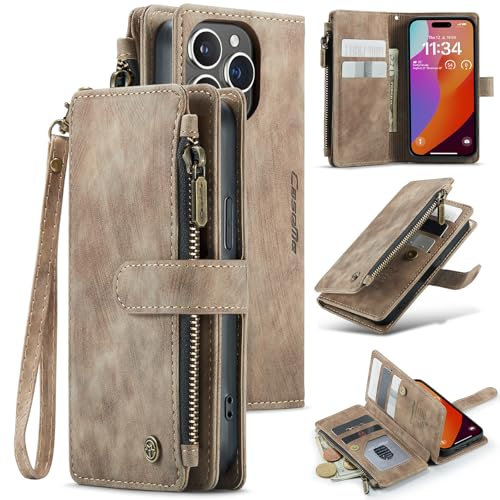 UEEBAI Handyhülle für iPhone 15 Pro 6.1 inch, Retro Reißverschluss Hülle Premium PU Leder Weiche Klapphülle Magnetverschluss Kartenfach Standfunktion Geldbörse mit Trageband Schutzhülle - Braun