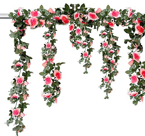 2 Pack 7.2FT Artificial Rose Garland, Artificial Flower Vine Hanging Rose Garlands for Outdoor Indoor Wedding Wall Badroom Decoration (Champagne)
