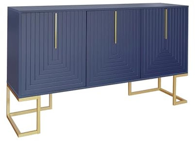 Azkoeesy Sideboard mit 3 Türen in U-förmigem Muster, 138 cm, Buffet, Küchenschrank, Wohnzimmerschrank mit goldenen Metallgriffen und Sockel (Navy blau)
