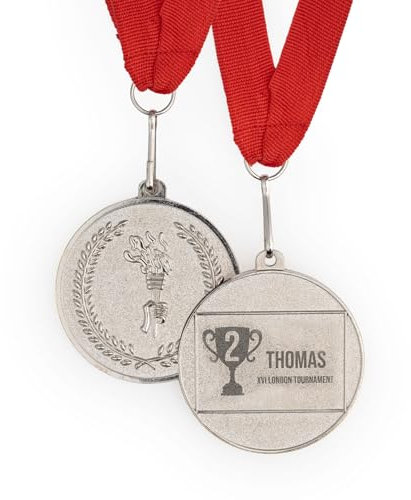 Wanapix | Medaglia Personalizzata | Medaglie Premiazioni | Medaglie Metallo Inciso - Argento | Bambino e Adulto | Nastro Rosso | 5ø cm | Coppa