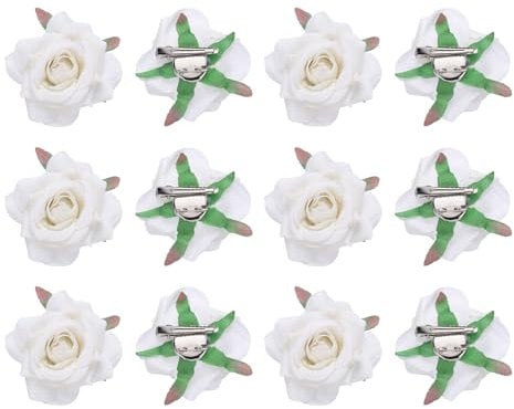 sourcing map 12 Pcs Rose Flower Hair Clips 3 Inch Flower Hair Pins Flower Brooch for Women Hair Accessories White