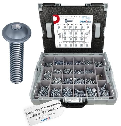 FRANTOS L-Boxxx Linsenkopfschrauben Set ISO 7380-2 in Stahl verzinkt I 2625 tlg. - Flachkopfschrauben mit Flansch Sortiment Schraubensortiment Tellerkopfschrauben