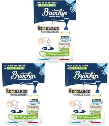 JACQUES BRIOCHIN - Recharge Liquide Vaisselle et Mains -Spécial Peaux Sensibles - Sans Parfum -Testé Dermatologiquement - 98% d'Ingrédients d'Origine Naturelle - Fabrication Française - 450ml