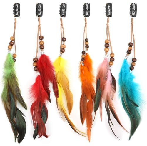 Oenothera 6 Stücke 6 Farbe Feder Haarverlängerungen Clip, Feder Haarschmuck, Boho Feder Haarspangen für Frauen Mädchen