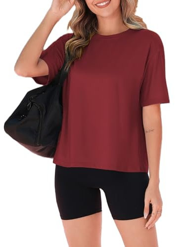 Zeagoo Sport Shirts für Damen Sommer Basic Oversize T Shirt Kurzarm Rundhals Einfarbig Tops Rot M