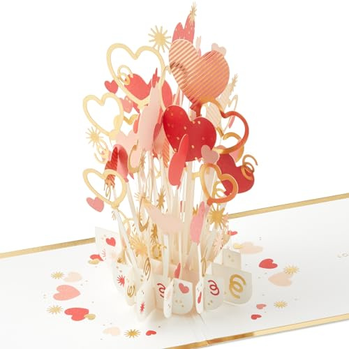 Hallmark Valentine's Day Card, 3D Pop Up, Flowers, Hearts, Balloons | Red, White, Pink, 3D Hearts Bouquet, 14.4x34.6x11.9cm, Recyclable, Envelope with Gold Foil