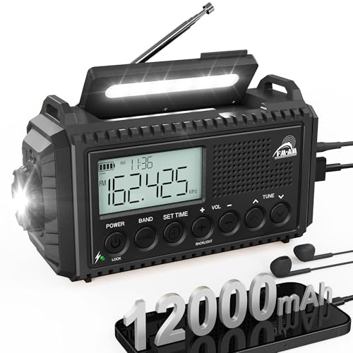 ROCAM Portable Emergency Radio with 12000mAh Battery, Wind up Solar Radio | AM/FM Radio with 5W Flashlight & Reading Light, Solar Panel, 116dB SOS, Phone Charging for Hiking, Power Cuts