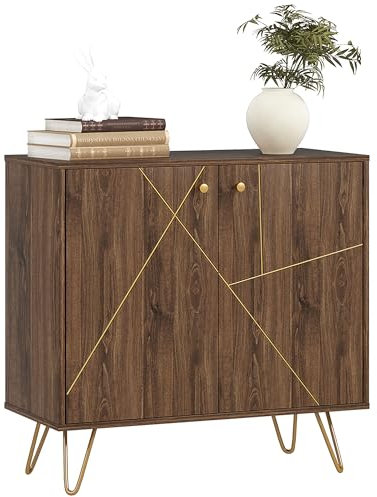 HOMCOM Sideboard Storage Cabinet with Golden Lines, Modern Luxury Living Room Cabinet with Adjustable Shelf, Steel Harpin Legs, Brown