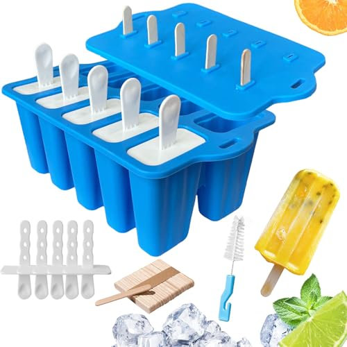 Midnadiy Moldes Helados, Molde Helados Silicona con palo & con 10 Cavidades Fáciles de Aflojar, Molde con Mango de Borde para Facilitar el Agarre, Moldes de Silicona sin BPA (AZUL)