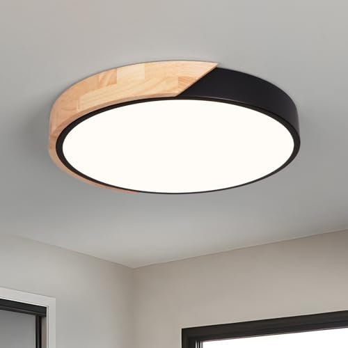 Vikaey Deckenlampe, LED Deckenleuchten Schwarz, 30cm Lampe mit Holz für Wohnzimmer Schlafzimmer Küche Flur 4000K 24W