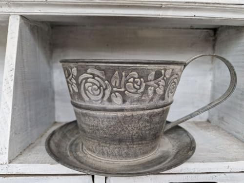 Arinosa Pflanztasse Zink Pflanztopf mit Rosenmotiv D19xH11cm + 7cm