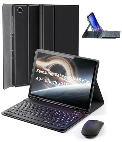 für Samsung Galaxy Tab A9+ Plus Generation Hülle 11 Zoll (2023) mit aufladbarer kabellose Bluetooth Deutsche Zeichen Tastatur (QWERTZ) und Maus, Schlitzhülle Magnetisch Keyboard case Schwarz