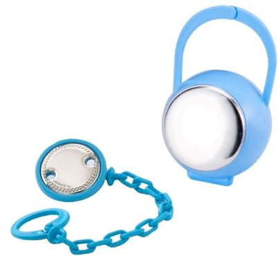 Clip Ciuccio con Catenella Portaciuccio e Box Portaciucciotto con Inserto in Argento PVD Lucido Personalizzabile con Incisione del Nome del Bambino - Regalo per la Nascita o il Battesimo Azzurro