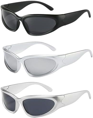 MOAZIFI 3er-Pack Y2k Retro Brille, Techno, Rave Brille Für Partys Und Musikfestivals, Y2k Accessoires, Futuristische Sonnenbrille Leichtgewicht Wrap Around Uv400 Radsportbrillen