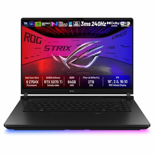 ASUS ROG Strix SCAR 16 G635LR, 16 2.5K 16:10, Intel Core Ultra 9 275HX, 64 GB RAM DDR5, NVIDIA GeForce RTX 5070 Ti, 2 TB SSD, Win 11 Home, Wi-fi7, BT 5.4, Tastiera Retroilluminata RGB
