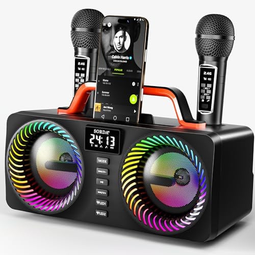 SORDA Karaoke Machine for Adult Kid, Portable 80W Bluetooth Speaker - 2 Rechargeable Wireless Microphones, 12H Playtime, Support USB/AUX/Echo, Outdoor Indoor Gathering Party Gifts