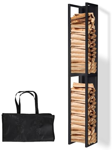 Vkechh Étagère à bois de cheminée en métal à suspendre pour intérieur et extérieur - 160 x 25 x 25 cm - Noir - Pour le rangement du bois de chauffage - Support intérieur pour bois de cheminée