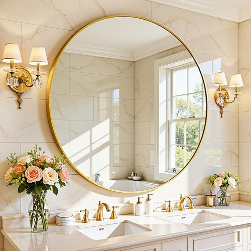 Antok Spiegel Rund, 91cm Gold Dekorative Wandspiegel für Bad, Eitelkeit, Wohnzimmer, Eingangsbereich, Runder Spiegel Hängend oder Lehnend, Aluminium Rahmen