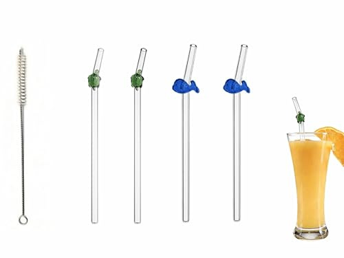 Eco-Friendly Glass Straws are Reusable with Cute Turtle and Whale Designs - 4-Piece Gift Box with Cleaning Brushes,RARITYLL Suitable for Cocktails, Milkshakes, juices, iced Coffee and Tea