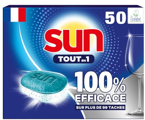 Sun - Tablettes Lave-Vaisselle, Tout-en-1, Regular, 50 Pastilles | Élimine 99 taches sans prérinçage, formule 80% d'origine naturelle, inclut sel et rinçage pour tablette lave vaisselle