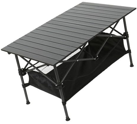 JUYAXIN Table de camping robuste avec pieds antidérapants - Surface pliable en acier carbone résistant aux intempéries - Pour cuisine en plein air - Petit camping avec poche en maille