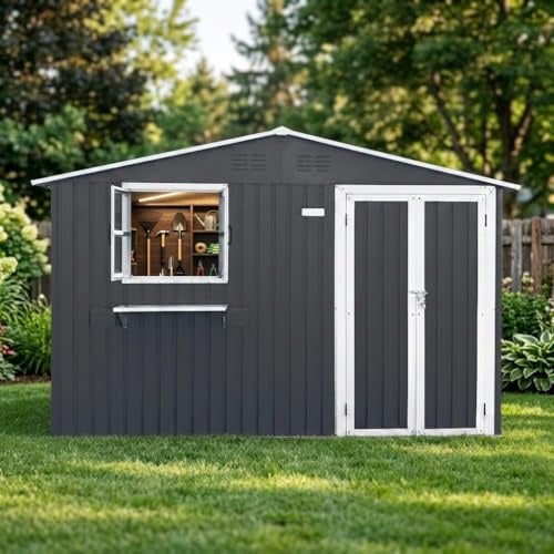 FammyLoft Gartenhaus Metall, 313,1x255,4cm, Garten Geräteschuppen Metall mit 2 Fenstern und Blumenregal, Gerätehaus mit Doppeltüren, Gartenschrank Wasserdicht für Garten/Terrasse, Anthrazit