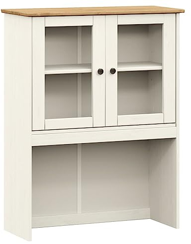 LKJephalotrop Sideboard-Aufsatz VIGO Weiß, Vitrinenaufsatz aus Kiefer-Massivholz, 78x30x100 cm Buffet-Aufsatz mit Glastüren und Einlegeböden für Anrichte, Kommode und Geschirr