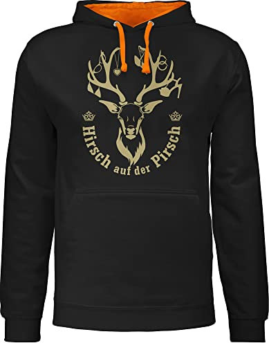 Pullover Herren Frauen Hoodie Kontrast zweifarbig - Skiurlaub Apres Ski - Hirsch auf der Pirsch - XL - Schwarz/Orange - Bester Kumpel Geschenk Skifahrer Sauf Fun-Kapuzenpullover skioutfit Saufen