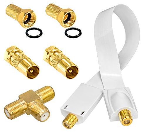 HB-DIGITAL Adapter-Set. 2 DVB-T/T2 Receiver mit nur Einer aktiven DVB-T/T2 Antenne betreiben. Inkl. Fensterdurchführung Weiß, Vergoldete Kontakte, für Terrestrische Antennen mit F-Stecker Ausgang