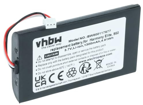 vhbw Replacement Battery compatible with Logitech 915-000257, 915-000260, Elite, Harmony 950 Remote Control (1300mAh, 3.7V, Li-Ion)