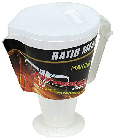 Pit Posse PP3318 Ratio Rite Premix Gas Fuel Oil Mixer Mixing 2-Stroke Measuring Cup with Lid | 16:1 to 70:1 Premixed Ratio Engine Fluids | CC & Oz Measuring Marks | Debris-Free Cap