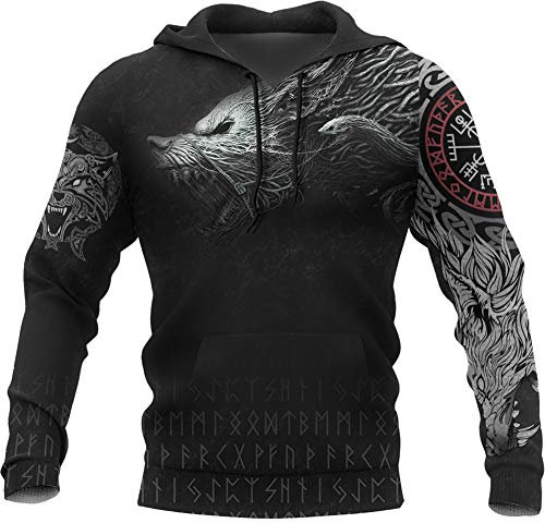 Viking Thors Hammer Sweatshirt, Nordische Mythologie Wolf Streetwear Casual Hoody Hoodie, 3D Allover Bedrucktes Unisex Langarm Pullover Sweatshirt,Wolf,M