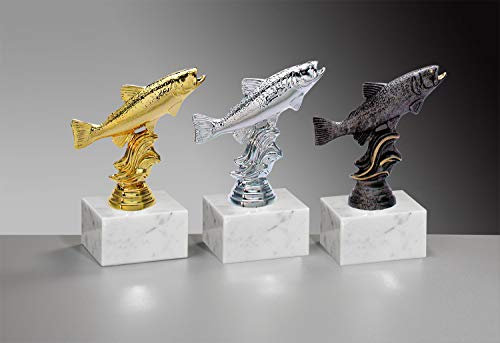 Henecka 🎣 Angler-Pokal, Angeln-Resin-Figur, Fisch-Trophäe, Forelle auf Marmorsockel, mit Wunschgravur, wählbar in 3 Farben (Gold)