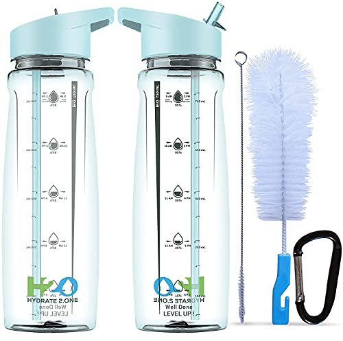 Water Bottle with Straw - Leakproof Adult Plastic Bottle - Motivational Time Markings To Drink - BPA Free Sports Drinks Bottle for Gym, Men Women Kids - Reusable Drinking Bottle 750ml (Sky Blue)