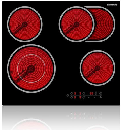 ThermoMate Ceramic Hob 4 Zones, 60cm Built-in Electric Cooktop Burner, Electric Hob with Dual Zone, Timer & Kid Lock, Sensor Touch Control, 6700W, Hard Wired, No Plug Included