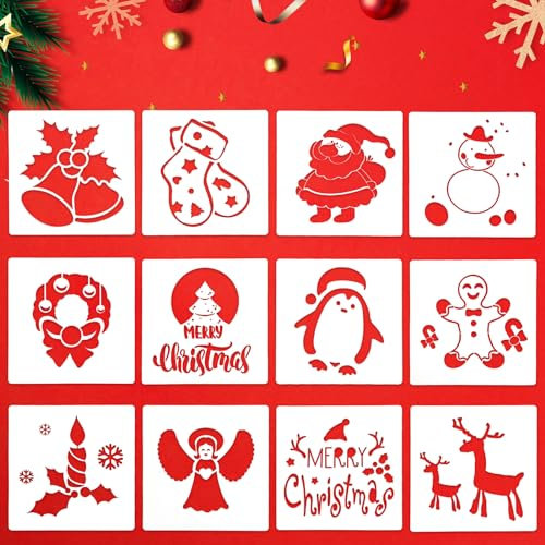 TaimeiMao Weihnachten Zeichenschablonen 12 Stück,Weihnachten Schablone Set,Malschablonen aus Kunststoff Stencil Schablonen Wiederverwendbar,DIY Geschenkkarten, Geschenke Weihnachten Kinder