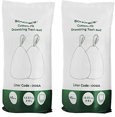 SONGMICS Sac Poubelle 8L, Sacs à Ordures pour Poubelle de Tri 3 Seaux de 8L, ou Poubelle de 5-8L, Code du Sac 008A, 2 Rouleaux, 90 Sacs, Étanche, pour Cuisine, Blanc KRB008A02