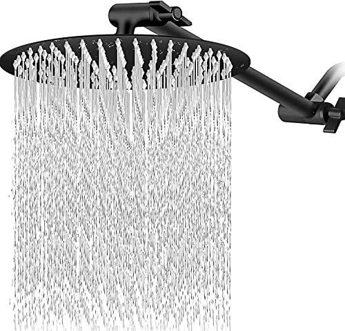 8 Inch Rain Shower Head with 11” Adjustable Extension Arm, VIGIME High Pressure Stainless Steel Rainfall Round Showerhead, Ultra Thin Waterfall Full Body Coverage - Matte Black