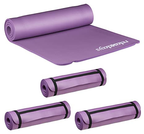Relaxdays 4 x Yogamatte, 1 cm dick, für Pilates, Fitness, gelenkschonend, mit Tragegurt, Gymnastikmatte 60 x 180 cm, lila