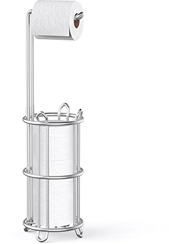 Meangood Toilet Paper Holder Stand and Tissue Paper Roll Dispenser for 4 Mega Rolls, Bathroom Free Standing Tissue Roll Storage Holder Rack, Metal Wire Silver