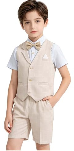LOLANTA 4PZ Completo Cerimonia Bambino, Abito Bimbo Estivo con Gilet Pantalone Camicia e Papillon per 2-12 Anni