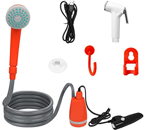 UISEBRT Ducha de camping con bomba de batería – Ducha portátil para camping al aire libre con bomba sumergible recargable, cable de carga USB, para jardín, playa, camping, viajes, lavado de coche,