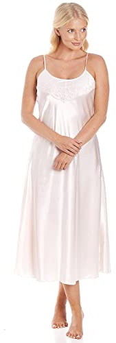 Camille Womens Luxury Long Plain Satin Chemise - Ladies Thin Strap Lace Lightweight Nightdress - Comfortable & Breathable Summer Nightwear Peach 10-12